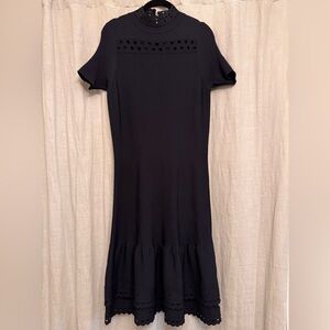 Sandro Paris Navy Blue Eyelet Scalloped Knit Fit & Flare Dress Size 2